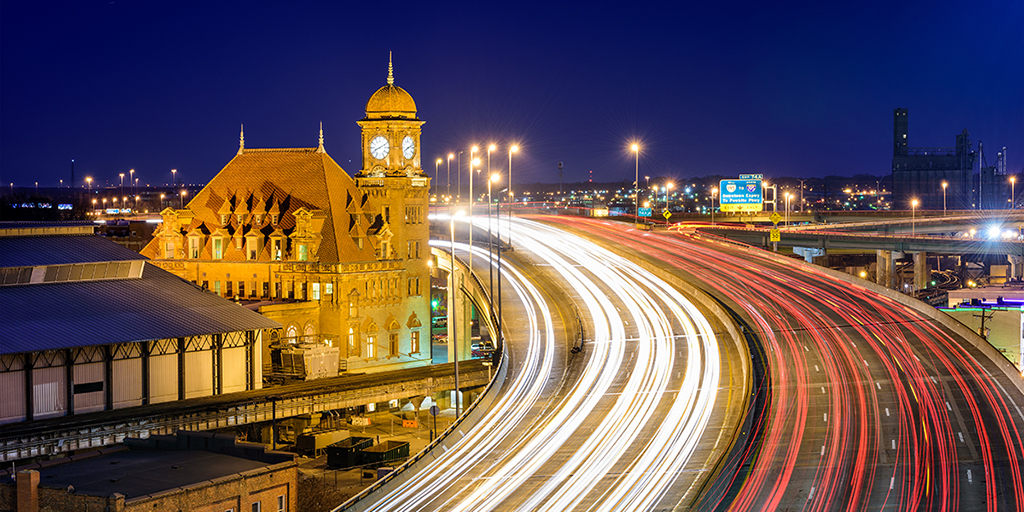 City nightscape with highway in Richmond Virginia